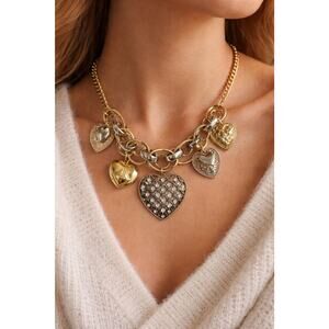 Vintage Gold Tone Charm Necklace Heart Charms Rhinestone Statement Adjustable